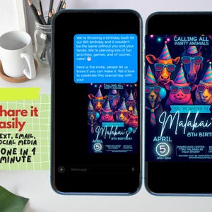 Peut inclure: Une invitation num&eacute;rique pour une f&ecirc;te d'anniversaire d'un enfant de 8 ans. L'invitation pr&eacute;sente un design aux couleurs n&eacute;on avec une vari&eacute;t&eacute; d'animaux portant des chapeaux de f&ecirc;te et des lunettes de soleil. Le texte sur l'invitation indique "Calling all party animals" et "You're invited to Malakai's 8th Birthday".