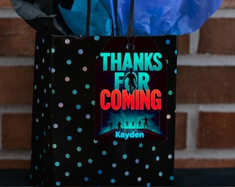 Tagi z podziękowaniami za urodziny w parku trampolin – motyw imprezy ze skakaniem – edytowalny w Canva – dekoracja imprezy z dmuchanym domkiem – pobieranie cyfrowe