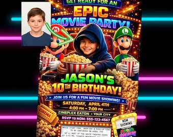 Invitación de cumpleaños con foto para cine / Invitación a fiesta de cine neón / Tarjeta de estreno en alfombra roja / Cualquier película