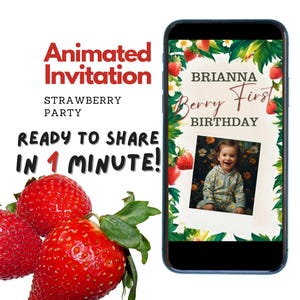 Invito video di compleanno a tema fragole - Modificabile in Canva / Divertente e facile da personalizzare / Primo compleanno personalizzato a tema fragole / Compleanno di 1 anno