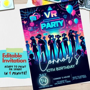 faire-part de fête VR | Faire-part d'anniversaire en réalité virtuelle | Téléchargement numérique sur le thème du jeu vidéo, modifiable sur Canva | Soirée néon pour joueurs, accès instantané