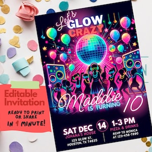 Let's Glow Crazy verjaardagsuitnodiging, bewerkbare canvassjabloon, Glow-feestuitnodiging, Glow in the Dark-kaart, personaliseerbare neon Glow-uitnodiging