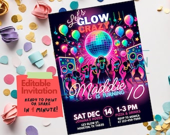 Könnte beinhalten: Eine neonrosa und blaue, im Dunkeln leuchtende Partyeinladung mit einer Discokugel, Lautsprechern und Silhouetten von tanzenden Menschen. Der Text lautet "Let's Glow Crazy" und "Maddie wird 10 Jahre alt".