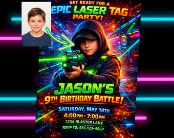 Invitación de cumpleaños con foto de etiqueta láser de neón / Invitación a fiesta de operaciones especiales / Tarjeta de misión personalizada