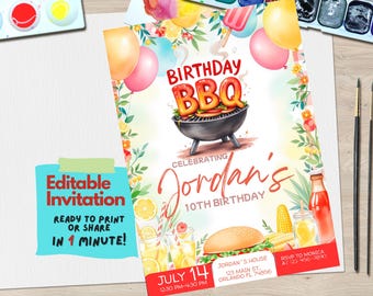 May include: Editable birthday party invitation with a watercolor illustration of a grill, hot dog, and lemonade. The text reads "Birthday BBQ Celebrating Jordan's 10th Birthday" and "July 14 12:30 PM-4:30 PM Jordan's House 123 Main St. Orlando FL 74856 RSVP to Monica at 23 456-7681".