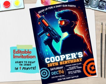 Dart Gun-Themed Birthday Party Invitation Template for Kids or Teens – Fully Editable Canva Design for Action-Packed Celebrations