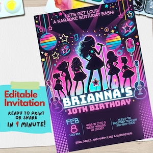 Karaoke Birthday Party Invitation, Editable Music-Themed Invite, Digital Download, Canva Template, Sing-Along Celebration