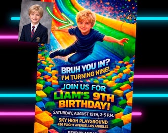 Invitación de cumpleaños con tobogán inflable / Invitación personalizada para fiesta con piscina de espuma y foto (Descarga digital)