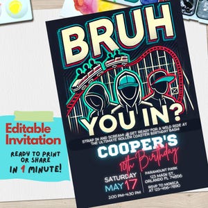 Może przedstawiać: Neonowe zaproszenie na urodziny z motywem kolejki górskiej. Zaproszenie zawiera napis "Bruh You In?" i neonowy napis "Cooper's 10th Birthday".