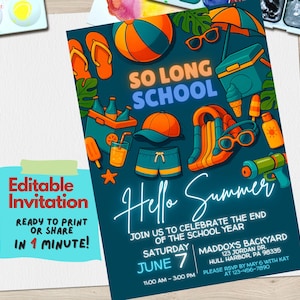 Invitación a fiesta de verano "So Long School Hello" / Plantilla editable de Canva de fin de año escolar / Celebración de verano para niños / Invitación de inicio de verano
