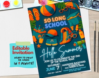 Invitación a fiesta de verano "So Long School Hello" / Plantilla editable de Canva de fin de año escolar / Celebración de verano para niños / Invitación de inicio de verano