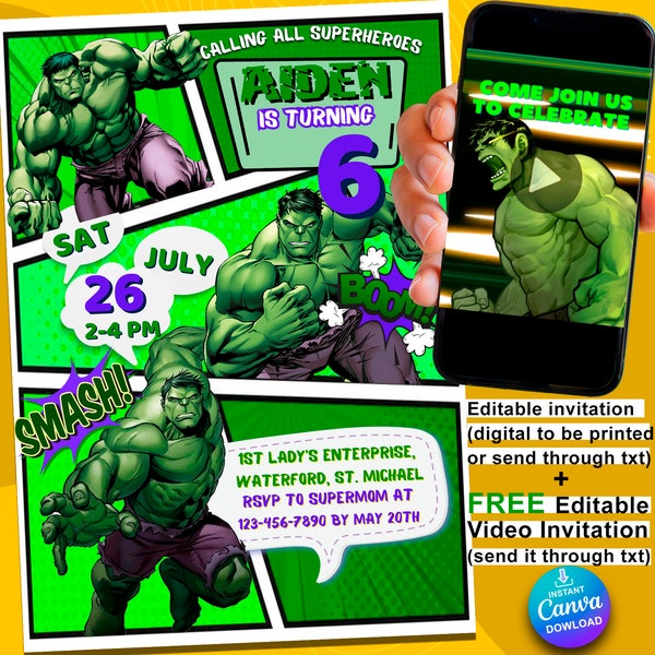 Invitations d'anniversaire modifiables Hulk, imprimables et animées, obtenez-les juste après l'achat modifiez-les très facilement sur toile Incredible comics