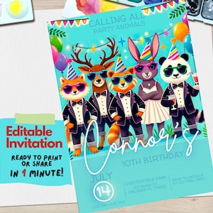 Convite de aniversário de animais de festa, tema de animais da floresta de safári, convite de festa de aniversário editável, primeiro aniversário do Wild One, download, para impressão