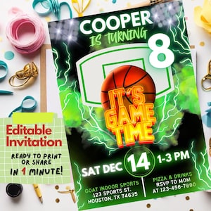 Invitation de fête d'anniversaire de basket-ball | Modèle de toile modifiable | Invitation personnalisable de sport Slam Dunk | Téléchargement numérique