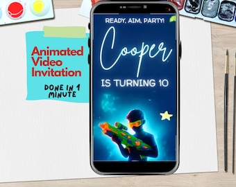 Dart Gun Editable Animated Video Birthday Invitation Template | Action-Packed Kids Party Digital Invite for Text, Email, or Social Media