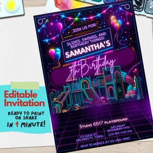 Modelo de convite de aniversário de playground - Convite para festa divertida de centro de recreação para crianças - Download digital do Canva, festa de playground, convite para qualquer idade