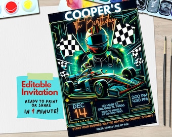 May include: Editable invitation for a birthday party with a racing car theme. The invitation features a neon green and black racing car with a checkered flag and the text "Cooper's 9th Birthday".