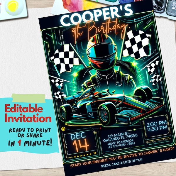 Race Car Birthday Invitation Template, Editable Racing Party Invite, Speed Racer Theme Birthday Invitation, Digital Download, Canva Template