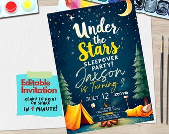 Sleepover Under the Stars Birthday Party Invitation - Whimsical Outdoor Camping & Stargazing Digital Download, Slumber Party Invite