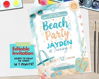 May include: Editable beach party invitation template for a boy's birthday. The invitation features a blue and orange watercolor background with a beach scene, including flip flops, a beach bag, sunglasses, and a starfish. The text on the invitation reads "Beach Party" and "Jayden is Turning 4".