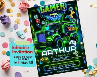 May include: A neon green and black gamer truck party invitation with the text "Gamer Truck Party" and "Arthur is turning 10".