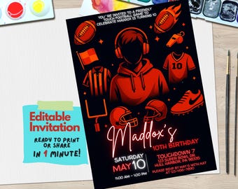 Boys Football Birthday Party Invitation | Editable Canva Template | Tween Sports Party Invite | Digital Download | Football Theme Birthday