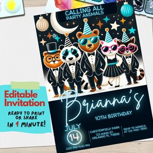 Convite de aniversário de animais de festa, convite para festa na selva de safári, aniversário com tema de animais selvagens e divertidos, convite editável do Canva, download