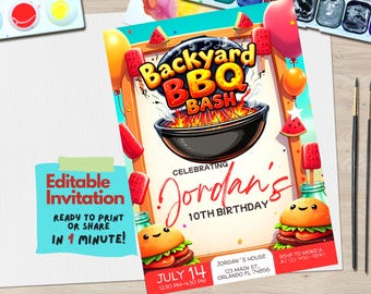 May include: Editable invitation for a backyard BBQ bash celebrating Jordan's 10th birthday. The invitation features a cartoon grill, watermelon, popsicle, and a hamburger with a smiling face. The text on the invitation says "Backyard BBQ Bash", "Celebrating Jordan's 10th Birthday", "July 14, 12:30 PM - 4:30 PM", "Jordan's House, 123 Main St., Orlando FL 74856", and "RSVP to Monica at 234-967-7681".