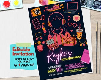 Tween Mädchen-Geburtstags-Party Einladung | Bearbeitbare Canva Vorlage | Bunte lustige Party einladen für Pre-Teens | Digitaler Download | Mädchen-Geburtstag