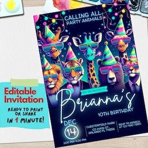 Modello modificabile per invito di compleanno a tema animali da festa per bambini / Invito Canva personalizzabile per una festa divertente a tema animali, invito per qualsiasi età al neon