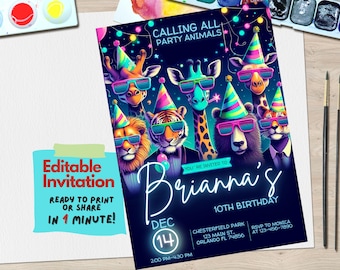 Party Animals Birthday Invitation Editable Template for Kids | Customizable Canva Invite for Fun Animal-Themed Party, Neon Any Age invite