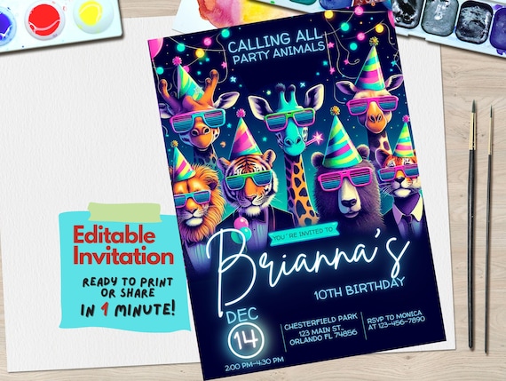 Party Animals Birthday Invitation Editable Template for Kids | Customizable Canva Invite for Fun Animal-Themed Party, Neon Any Age invite
