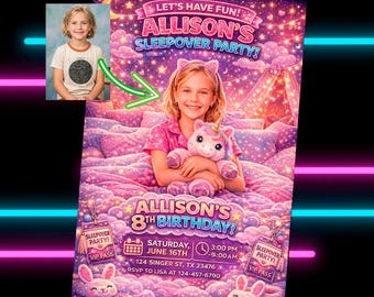 Custom Sleepover Birthday Invitation with Photo, Girls Pajama Party Invite, Personalized Slumber Party Invitation