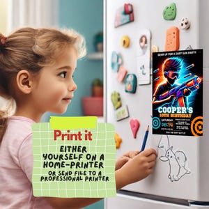 May include: A printable invitation for a 10th birthday party with a neon green, blue, and orange color scheme. The invitation features a cartoon image of a person wearing a black mask and holding a toy gun. The text on the invitation reads "Gear Up for a Dart Gun Party" and "Cooper's 10th Birthday".