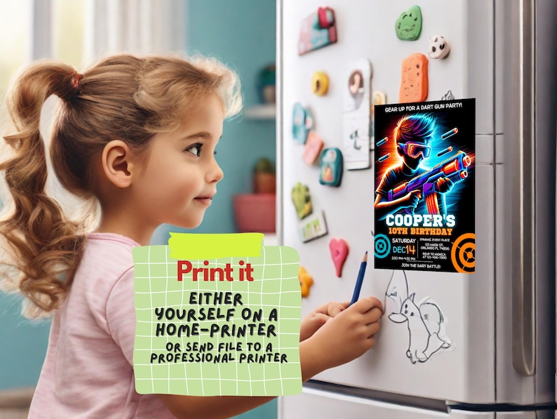 May include: A printable invitation for a 10th birthday party with a neon green, blue, and orange color scheme. The invitation features a cartoon image of a person wearing a black mask and holding a toy gun. The text on the invitation reads "Gear Up for a Dart Gun Party" and "Cooper's 10th Birthday".