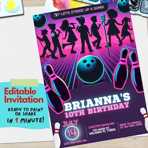 Convite para festa de aniversário de boliche e karaokê | Convite divertido e personalizável para festa | Download digital para impressão