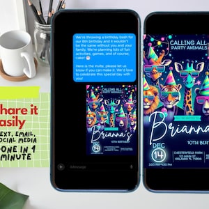 Party Animals Birthday Invitation Editable Template for Kids | Customizable Canva Invite for Fun Animal-Themed Party, Neon Any Age invite image 3