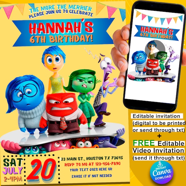 Inside Out 2 editable invitations 1 digital printable invite & 1 video animated birthday invitation also easily editable using canva 2024