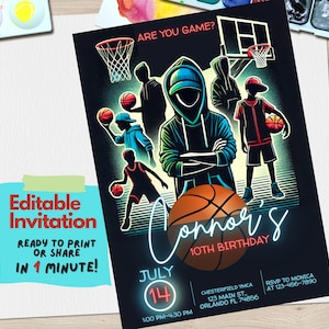 May include: A basketball-themed birthday invitation with a neon blue and green color scheme. The invitation features a basketball hoop, basketballs, and silhouettes of people playing basketball. The text on the invitation reads "Are you game?" and "Connor's 10th Birthday".