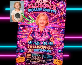 Custom Roller Skating Birthday Invitation with Photo, Girls Roller Disco Party Invite, Personalized Neon Skate Party