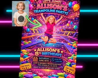 Custom Trampoline Park Birthday Invitation with Photo, Girls Jump Party Invite, Personalized Neon Bounce Birthday
