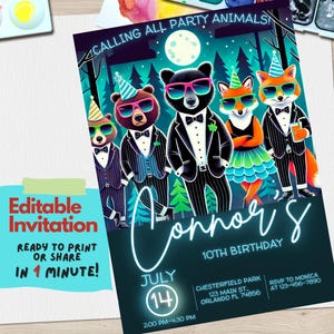 Convite de aniversário de animais de festa, convite para festa de safári na selva, tema de animal selvagem, convite de aniversário editável, festa infantil para impressão