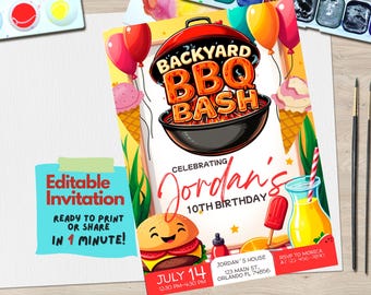Backyard BBQ Birthday Invitation | Summer Cookout & Grill Party Invite | Editable Canva Template | Picnic, Burgers and Hot Dogs Bash