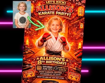 Custom Karate Birthday Invitation with Photo, Girls Martial Arts Party Invite, Personalized Tae Kwon Do Invitation, Dojo Birthday