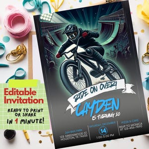 Faire-part d'anniversaire BMX, modèle de toile modifiable, invitation à une fête BMX pour garçons, téléchargement numérique, invitation personnalisable pour vélo BMX, carte de tout âge