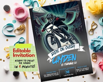 BMX Birthday Invitation, Editable Canva Template, Boys BMX Party Invite, Digital Download, Customizable BMX Biking Invitation, Any Age card
