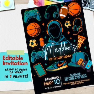 Invito per festa di compleanno per ragazzi adolescenti / Modello Canva modificabile / Tema: giochi, basket, pizza e musica, invito per festa di adolescenza, download immediato