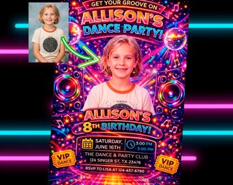 Custom Dance Birthday Invitation with Photo, Girls Dance Party Invite, Personalized Disco Party