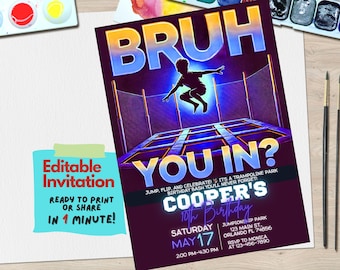 Plantilla de invitación de cumpleaños para parque de trampolines / Diseño de Canva editable para fiesta infantil / Diversión / Descarga de Canva digital personalizada para niños, Jump