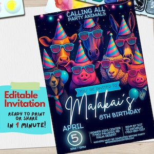 May include: A neon-colored birthday invitation with a black background featuring a variety of animals wearing sunglasses and party hats. The text reads "Calling all party animals, You're invited to Maakai's 8th Birthday, April 5, 3PM-6PM, Power Kids Center, 77962 Palapas Rd, Palm Desert, RSVP by 3/27 to Michelle (760) 861-1337, Waivers must be completed before party, PowerKidsCenter.com".